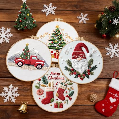 TPZBWG Christmas Embroidery Kit, 4 Pack Cross Stitch Kits,DIY Embroidery Starter Kit for Adults & Beginners, DIY Needlepoint Kit with Embroidery Hoop Thread Needle for Craft Lover Birthday Gifts 1 - color: Christmas-4 Set1