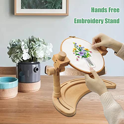 Adjustable Embroidery Hoop Stand – Rotatable Wooden Cross Stitch, Needlepoint & Punch Needle Holder for DIY Sewing