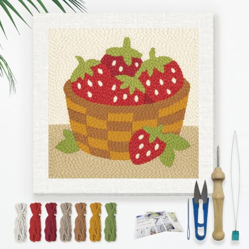 Doodlream Strawberries DIY Punch Needle Embroidery Kit for Adult Beginner, 9.4" A Basket of Strawberries Punch Stitching Craft Set for Starter with Frame, Fabric Pattern, Threader, Yarn, Pinch Needle - color: Strawberries