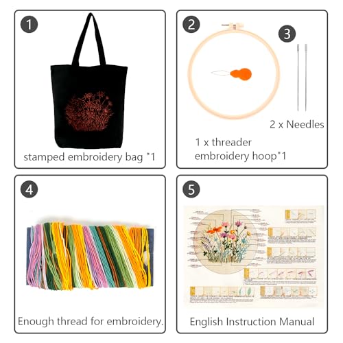 Canvas Tote Bag Embroidery Kit with Pattern, Beginner Embroidery Kits for Adults, Arts and DIY Crafts Embroidery Starter kit, Include Stamped Embroidery Bag, Embroidery Hoops, Color Threads and Tool. - color: Black With Floral