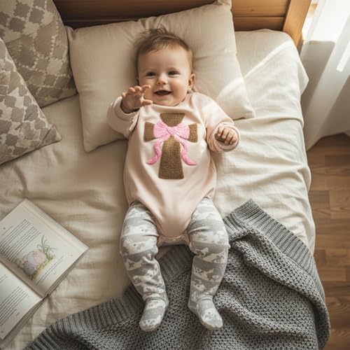 Newborn Baby Girl Clothes Cross Bow Embroidery Bubble Romper Pullover Sweatshirt Fall Winter Outfits 0-18M - color: Apricot, size: 3-6 Months
