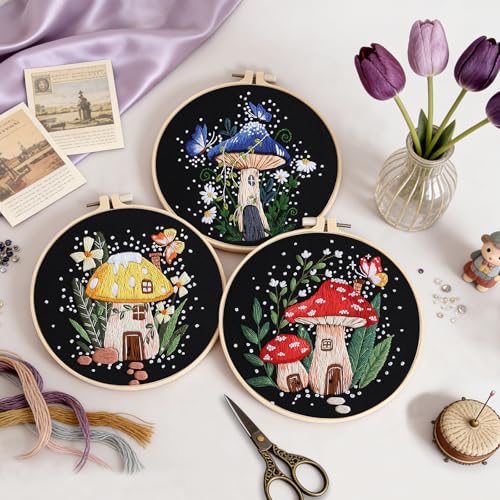 Uniartfy 3 Sets Embroidery Kit for Adults Beginners, Needlepoint Kits Cross Stitch, Hand Embroidery Starter Kit with Mushroom Stamped Patterns, Hoop, Tools, Colorful Threads with Needles, Instructions - color: Embroidery Kit-L