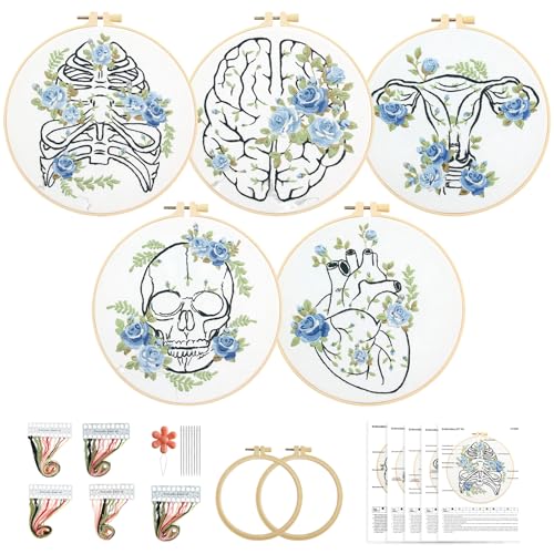Kuabiz 5 Sets Skull Embroidery Kits for Beginners Anatomy Cross Stitch Kit for Adults Organ Embroidery Starter Kit Embroiderys Hoop Needlepoint Kits with Instruction Needles Threads for Doctors Gifts - style: Organ