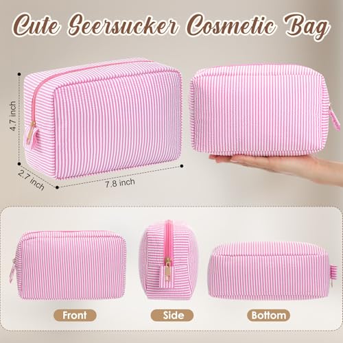 Sanwuta 10 Pcs Seersucker Cosmetic Bag Seersucker Makeup Bag Women Stripe Large Travel Toiletry Organizer Preppy Storage Pouch for Embroidery Wedding Bridesmaid Bride Mom (Pink) - color: Pink