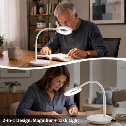 3X+6X Magnifying Glass with Light and Stand, Dimmable LED Magnifying Lamp - color: White