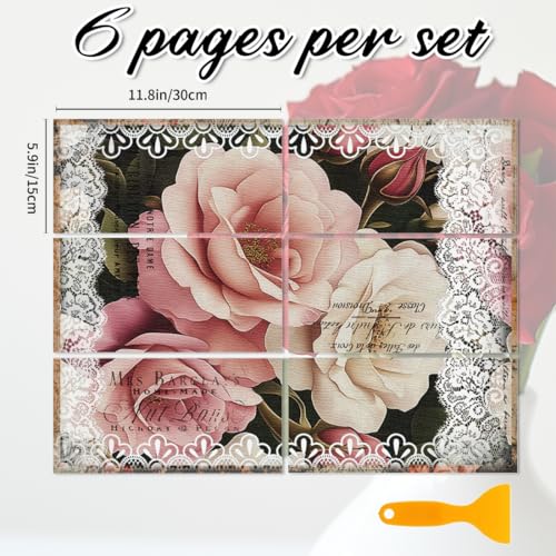 6 Sheets Roses Rub on Transfers for Furniture and DIY Crafts Vintage Lace Floral Rub on Transfer Sticker for Wood Furniture Decor Iod Transfers Stickers for Wood Glass Decals 6"x12" - style: Roses and Lace