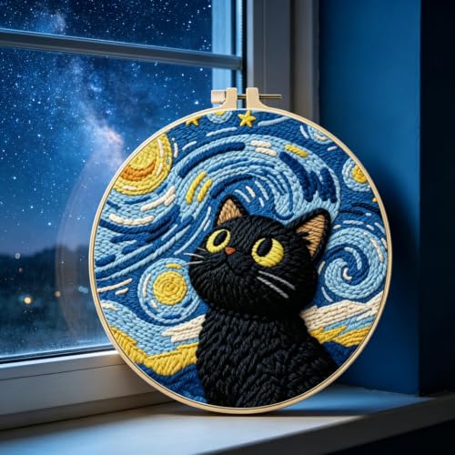 BEUNITONE 2 Pcs Cat & Starry Sky Punch Needle Kits for Adults Beginner - color: 02-Cat and Sky