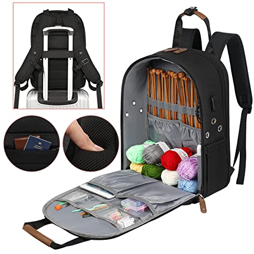 SINVICKO Crochet Bag, Knitting Bag Backpack and Totes Organizer with USB Charging Port, Large Yarn Storage Tote Bag - color: Black