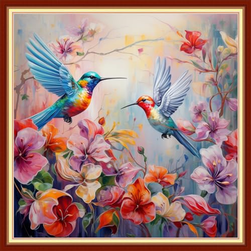Dooxvey Cross Stitch Kit for Adults Beginners - Stamped Needlepoint Embroidery Pattern - Hummingbird Couple 18x18 Inch 11CT - color: Artpattern17