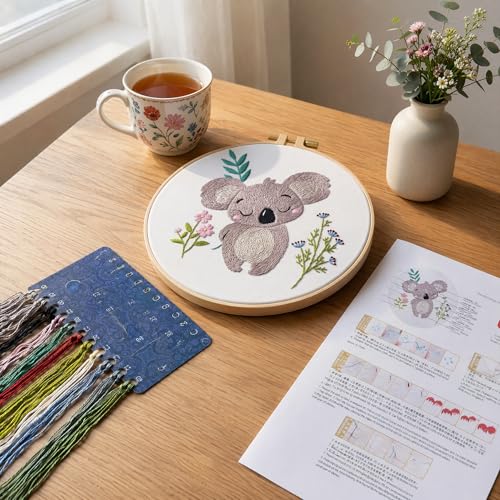 QIZUOLIFE Animal Embroidery Starter Kit, Koala & Puppies, 2-Pack