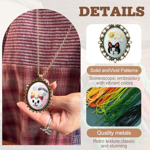 ZOCONE New 4 Packs Embroidery Necklace Kits, Embroidery Pendant Kit Mini Cross Stitch Kit with Hoop, Necklace, Pendant, Stamped Pattern Cloth, Instructions, etc., Embroidery Kits for Adults - color: I