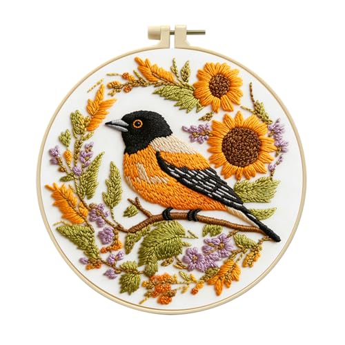 Zhenqing Bird Embroidery Kit for Beginners, Songbird & Floral Needlework Craft with Pre-Printed Cotton Fabric, Hoop, Threads & Tools, Garden Decor (C0068) - color: Bird & Sunflower Garden