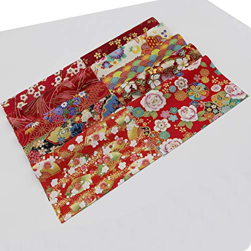 aufodara 10Pcs Cotton Craft Fabric Patchwork Bundle 20x25 cm, Japanese Style Printed Floral Beautiful Gold Patterns Bronzing Cloth for Sewing Quilting DIY Artcraft Handwork (Red) - color: Red