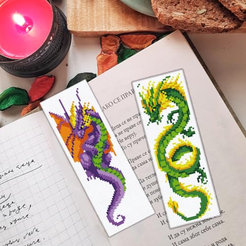 ORIGACH 6 Set Dragon and Loong Cross Stitch Bookmark Kit for Beginner - style: Dragon and Loong