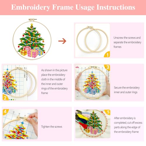 Zhenqing Christmas Tree & Bells Cross Stitch Kit with Hoop - 11CT Pre-Printed 24x24cm Fabric & Complete Tools for Beginners (68321) - style: Christmas Tree & Bells