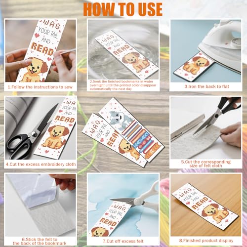 FREEBLOSS 6 Set 11CT Cross Stitch Bookmarks Kit Puppy&Books Stamped Cross Stitch Kit DIY Embroidery Bookmark Set with Instruction for Adults Beginners Gift for Reading Enthusiasts 20x6cm/8x2.4inch - style: Dogs&Books