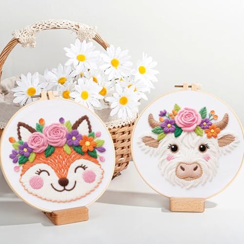 ORIGACH 6 Pack Animals & Floral Crown Embroidery Kit for Beginners - style: Animals & Floral