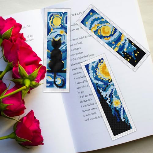 ORIGACH 6 Set Starry Night & Black Cat Cross Stitch Bookmark Kit - style: Starry Night and Black Cat