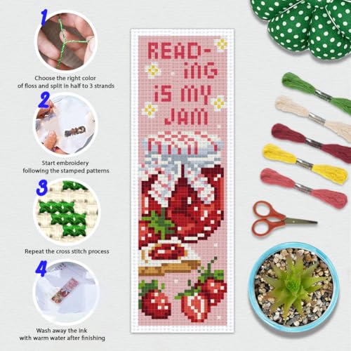 BEUNITONE 6PCS Cross Stitch Bookmarks Kit for Adults Beginners,Strawberry Book Mark DIY Stamped Embroidery Bookmark Kits with Backing Felt Floss,8.5''x3'' Page Markers for Students Teachers Reading - style: Strawberry