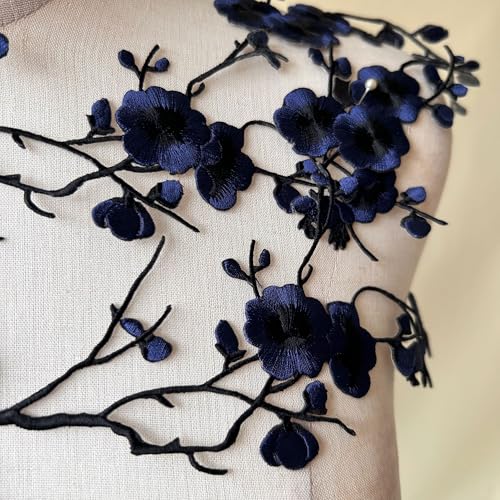 2pcs Iron on Plum Flower Applique Navy Color Embroidery Vine of Floral for Clothing,Costumes - color: Navy