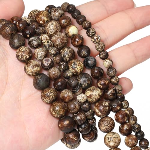 45pcs Round Loose Brown Crack Old Agate Beads for Bracelet Beads，8mm Gemstone Bead Round Loose Stone Beads for Jewelry Making DIY Bracelet Necklace Earrings - color: brown crack, size: 8mm