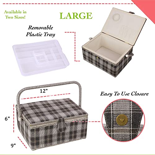 Sewing Basket with Floral Print Design - Sewing Kit Storage Box with Removable Tray, Built-in Pin Cushion and Interior Pocket - by Adolfo Design (Large - 12" x 9" x 6", Dark Gray Plaid) - color: Dark Gray Plaid, size: Large - 12" x 9" x 6"