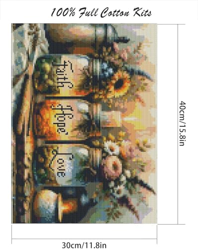 Fotasmua Cross Stitch Kits for Adults - Faith, Hope, Love Wishing Bottle Stamped Cross Stitching Ornament Kits for Beginners, Counted Embroidery Needlepoint Kit Home Decor 12 x 16 Inch - color: SZXY001-US