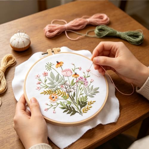 Silentsea Floral Embroidery Kit for Beginners – All-in-One DIY Stitching Set with Pre-Printed Fabric, Hoop & Threads – Perfect for Relaxing Craft Lovers. - color: Floral Pattern
