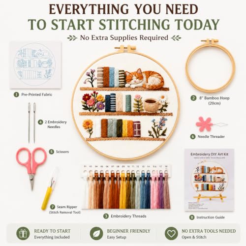 TopHand Reading Tracker 8" Embroidery Kit for Beginners, DIY Bookshelf Stamped Cross Stitch Kit with Blank Spines to Customize, Hand-Stitched Bookish Decor, Floral Threads (Flowers + Books + Cats)