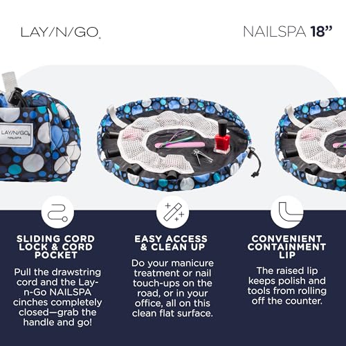 Lay-n-Go NailSpa Drawstring Cosmetic Bag - Portable Nail Supplies Organizer Bag w/ 8 Elastic Mesh Pockets & Circular Center - Durable, Machine Washable Nail Kit Organizer (18", Blue Polka Dot) - color: Dot Calm (Blue)