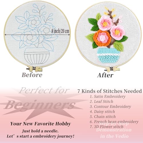 FONNUY Embroidery Kit for Beginners，3D Plants Flowers Pre-Stamped Pattern Kits Brightly Colored for Adults with Hoop (Pink Rose) - color: Pink Rose