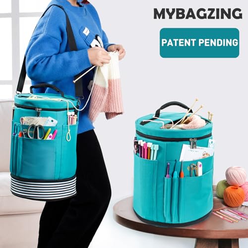 MYBAGZING Expandable Crochet Bag Organizer w/Yarn Grommets& Zipper Closure - color: Teal-Ⅱ, size: Medium-Zipper Closure