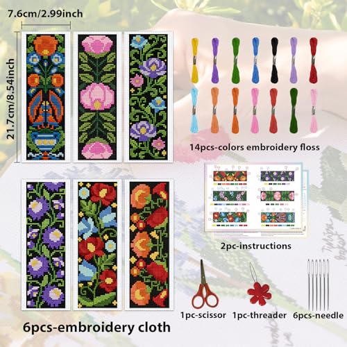 ACRNIGHEET 6PCS Cross Stitch Kits Stamped Cross Stitch Bookmark Kit for Beginner Adults Easy Flower DIY Embroidery Bookmark Kit Needlepoint Kits with Instructions Book Lovers Craft Gift 8.5''x3'' 11CT - style: Floral patterns 3