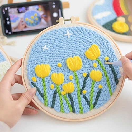 Woohome Punch Needle Kit Included Plastic Hoops, Punch Needle Cloth, Color Yarn and Punch Needle Tools for Adults, Beginners (9.Tulips and Chrysanthemums) - color: Color 10