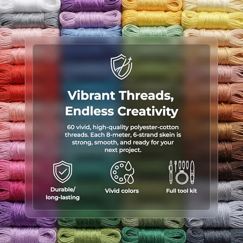 Huacan Embroidery Floss Kit with Storage Box 36/50 Colors Stitching Threads Sewing Kits 53/67 Pcs DIY Cross Stitch Accessories Set for Adults Beginner (60 Color（109 Pcs）) - color: 60 Color（109 Pcs）
