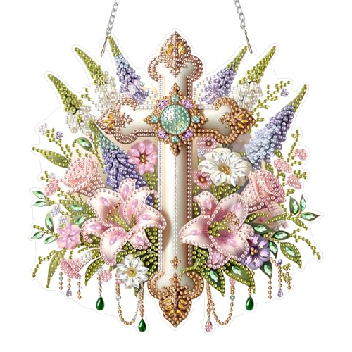 Aeepics Hanging Diamond Art Kit for Adult Religious, DIY Diamonds Painting Pendant Ornament Kit, Acrylic Diamond Art Painting Board Kit (Cross) - color: Cross