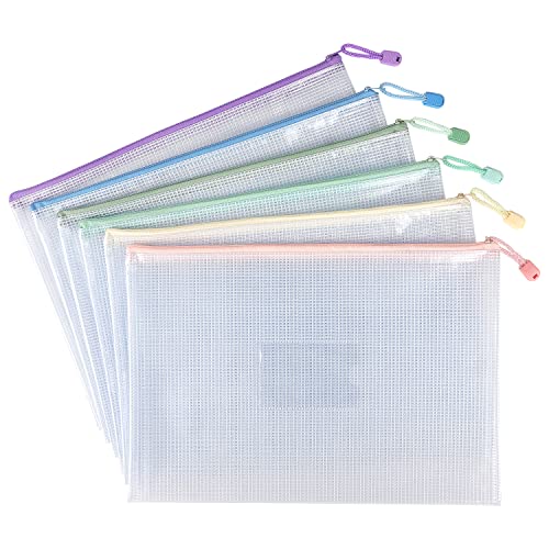 Tamaki 6 Pack Mesh Zipper Pouch Bags with Label Pocket, 13.5" x 9.5" - color: 6 Pack With Label Pocket