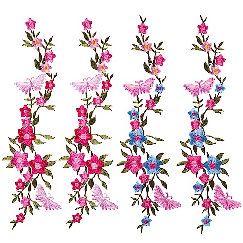 CHANZET Flower Iron On Patches 4pcs, Butterfly Flower Embroidered Patches, Floral Applique Embroidery Patches for Clothes Dresses Decorative DIY Craft Sewing