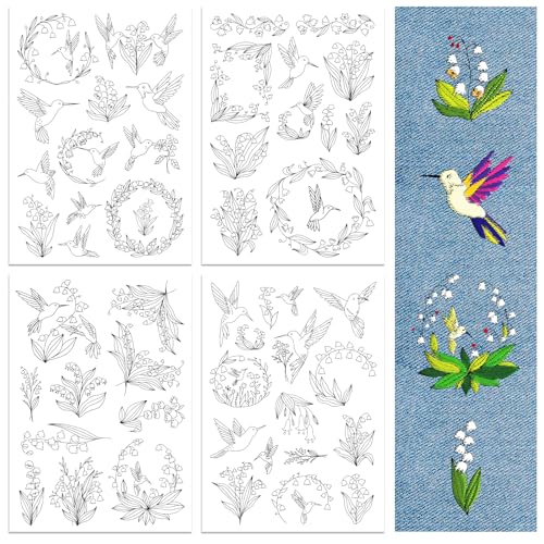 Peacoblue Hummingbird Stick and Stitch Embroidery Patterns, Water Soluble - color: Hummingbird and Flower