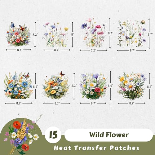 15 Pcs Wild Flower Iron on Decals Transfers, Floral Butterfly Heat Transfer Patches for T-Shirts, Spring DTF Heat Transfer Stickers for Clothes, Hats and Pillows DIY - style: Wild Flower