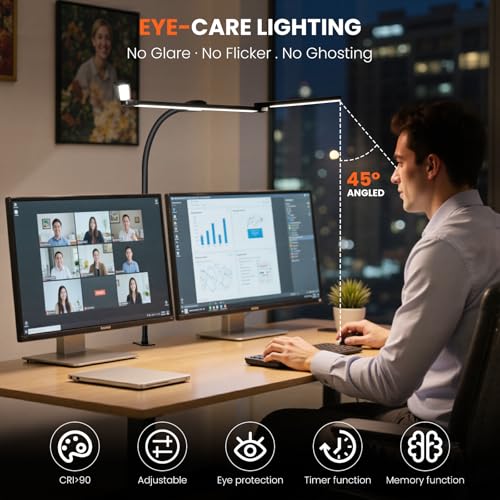 LED Desk Lamp for Office Home, 3 Light Bar Adjustable Desk Light with Clamp - color: Black