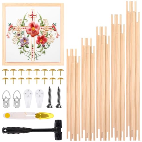 20Pcs Wooden Needlepoint Stretcher Bars Set 5 Sizes (6/8/10/12/14 Inch) Embroidery Cross Stitch Frame with Thumb Tacks Mounting Hardware for Cross Stitch, Needlework, Fabric Art Crafts