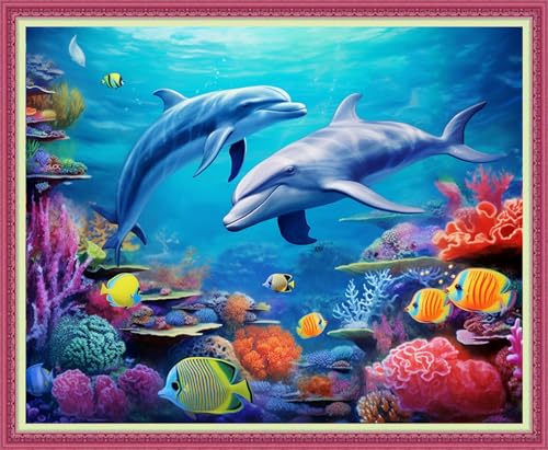 Disnesart Cross Stitch Stamped Full Embroidery Kits DIY 11CT Cotton Thread Printed DIY Needlepoint Kits Craft Needlework Set Cross-Stitch Stamped Sets-Dolphin Underwater World 16x20 inch - color: Stylepattern14