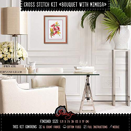 Povitrulya Flower Embroidery Kit 'Bouquet with Mimosa' - DIY Cross Stitch Set for Engagement, Graduation, Mother's Day Gift - color: Bouquet with Mimosa