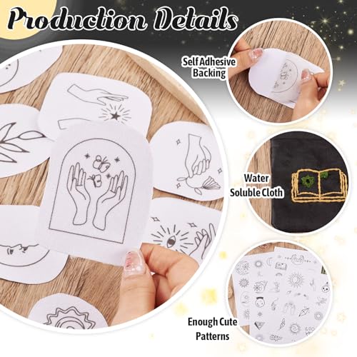 Magibeads 52 Patterns Water Soluble Embroidery Patterns Sun Crescent Moon Witchy Hand Patterns Stick and Stitch Transfer Embroidery Paper for Adult Beginners Hand Sewing Starter Kit - color: Witchy