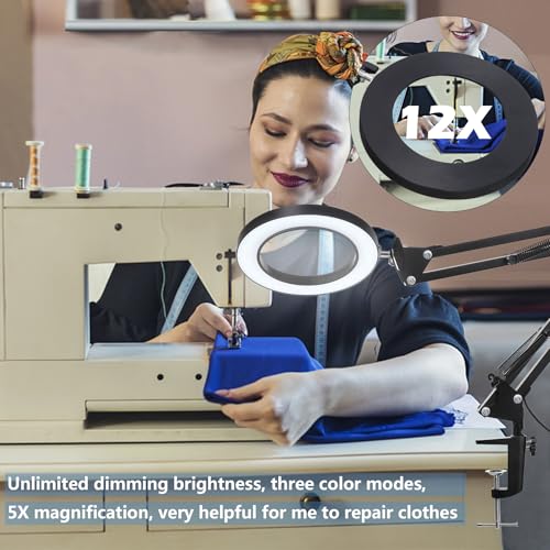 HITTI 12X Magnifying Glass with Light, 1,800 Lumens Stepless Dimmable - color: Black, size: 12X 9.06 INCH Base & Clamp