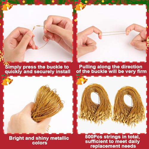 FEBSNOW 500Pcs Christmas Ornament Hangers, Gold Hanging Strings with Snap - color: Gold