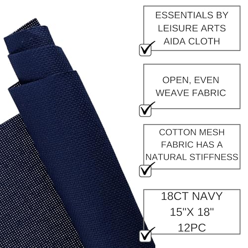 Essentials By Leisure Arts Aida Cloth, 18 Count, Navy, 12 pc, Bulk, Cross Stitch Fabric, Embroidery Fabric, Cross Stitch Supplies for Crafting, Stitching, and Sewing Projects 15X18 - color: Navy