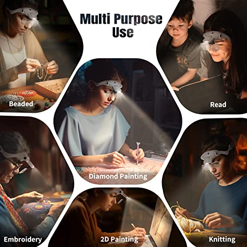 ARTDOT Magnifying Glasses with Light, 1.0X-3.5X 5 Replaceable Lenses Head Magnifier, 4 LED Rechargeable Magnifying Glasses for Close Work, Diamond Painting, Hands-Free & Reading - size: Small