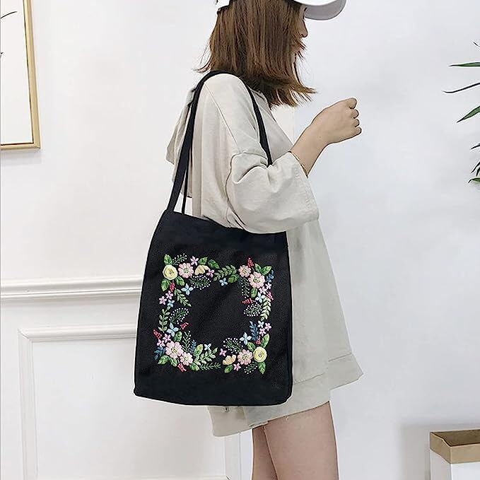 DIY Stamped Embroidery Tote Bag Kits Pansy Flower with Pattern Hoops Threads Needlework Art Reusable Shopping Storage Handbag Cross Stitch Kits Home Organizer for Woman